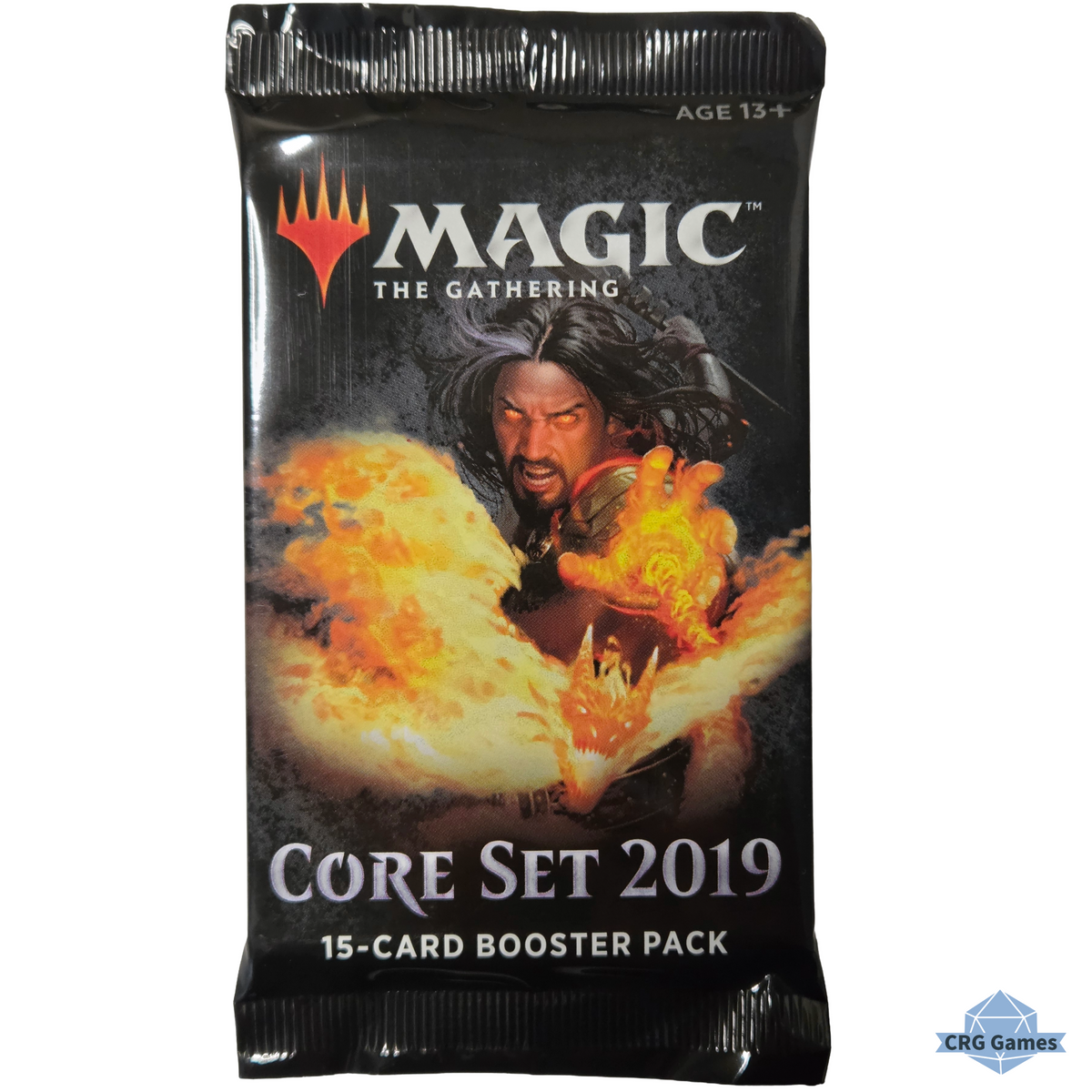 A sealed Magic: The Gathering Core Set 2019 15-card booster pack on a plain white background. The packaging is black with a large fiery orange and yellow dragon illustration and the Magic logo at the top.