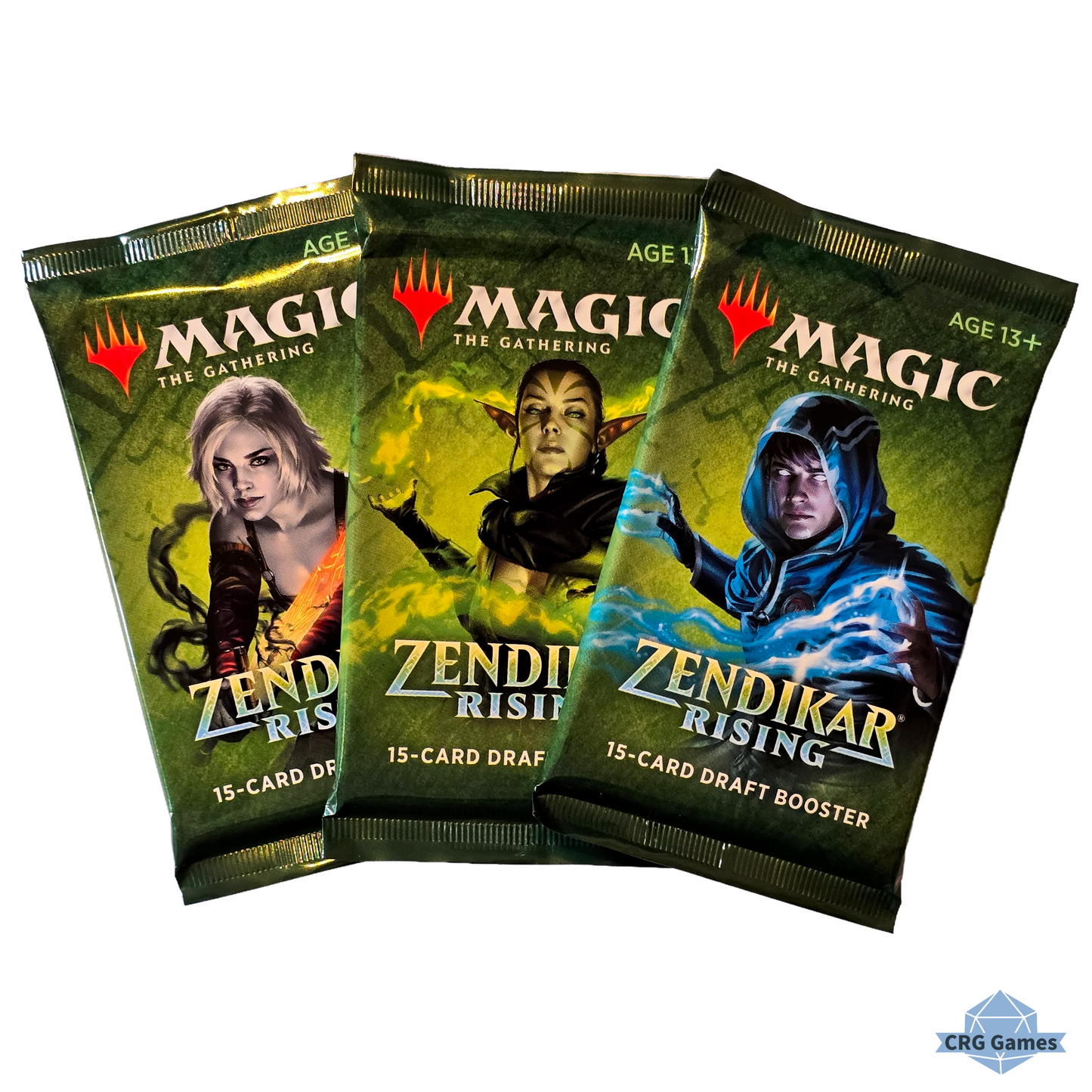 Three 'Magic: The Gathering' Zendikar Rising booster packs on a white background
