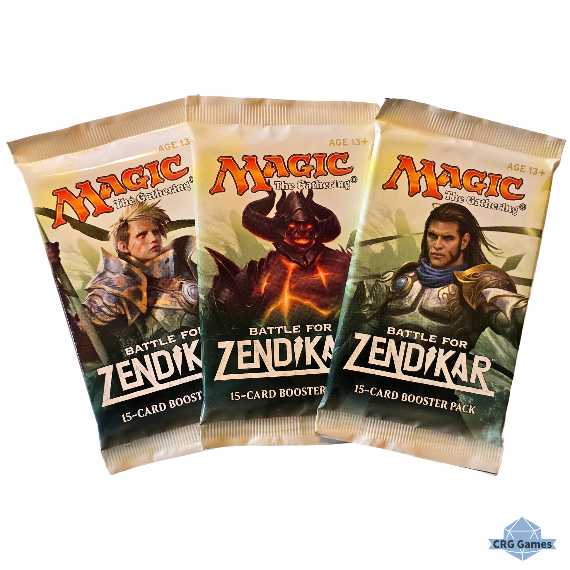Three 'Magic: The Gathering' Battle for Zendikar booster packs on a white background