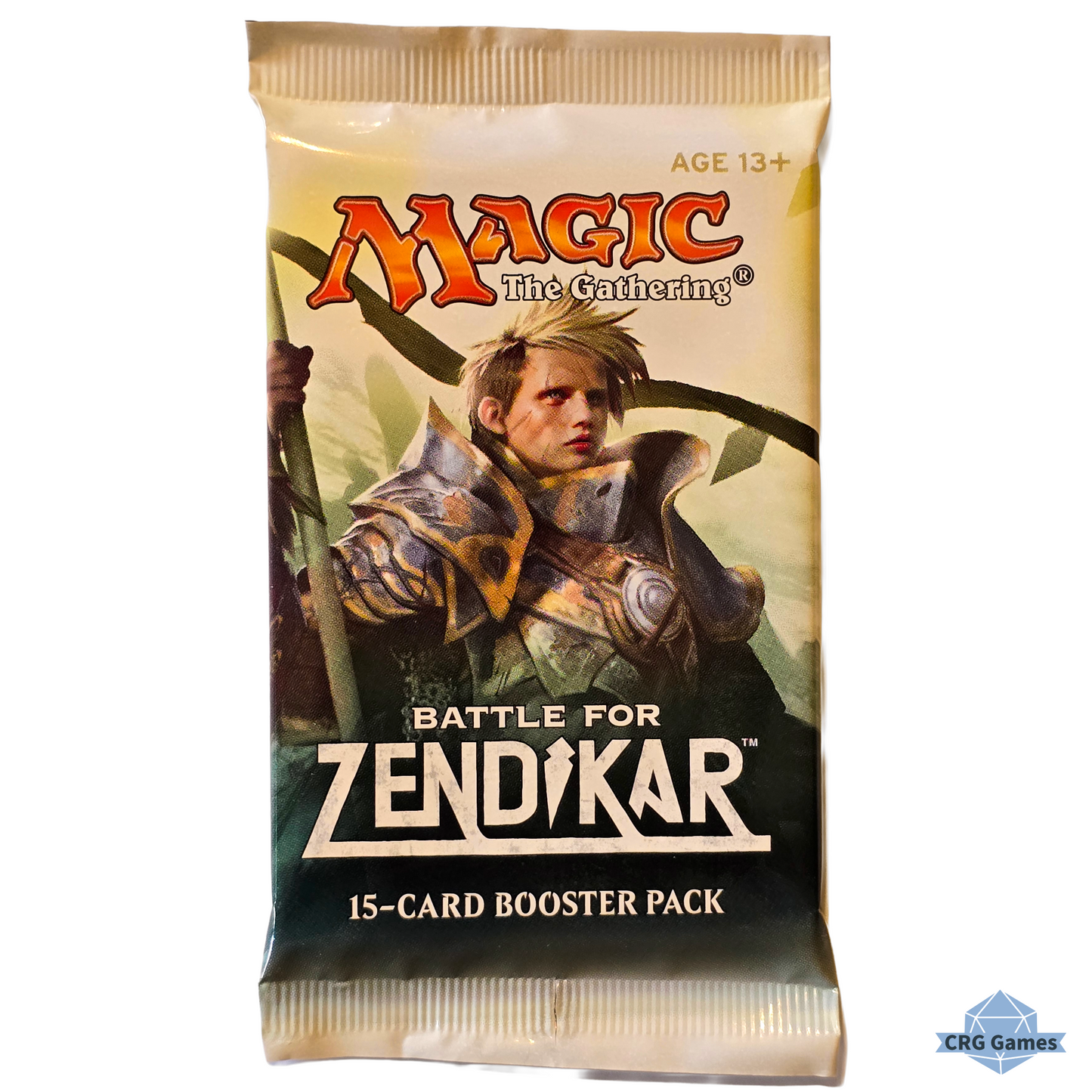 Booster pack for 'Magic: The Gathering - Battle for Zendikar' with warrior illustration on a beige background.