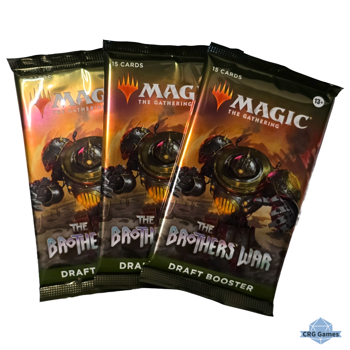 Three 'Magic: The Gathering' trading card game booster packs titled 'The Brothers War' on a white