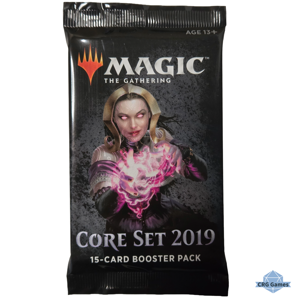 A Magic: The Gathering Core Set 2019 15-card booster pack in its original glossy black packaging, featuring artwork of a female mage casting a pink spell.