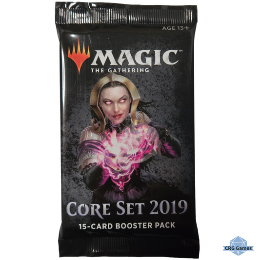 A Magic: The Gathering Core Set 2019 15-card booster pack in its original glossy black packaging, featuring artwork of a female mage casting a pink spell.