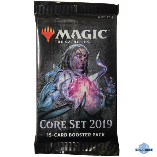 A Magic: The Gathering Core Set 2019 15-card booster pack featuring artwork of a purple-skinned mage with glowing pink energy on a dark textured background.