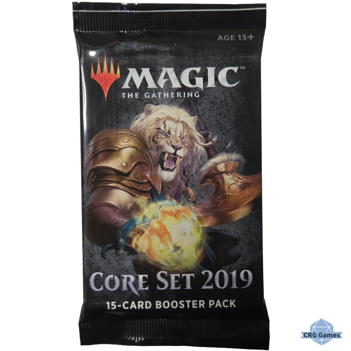 A Magic: The Gathering Core Set 2019 15-card booster pack featuring artwork of a lion warrior holding a glowing orb, on a black background with the Magic logo at the top.