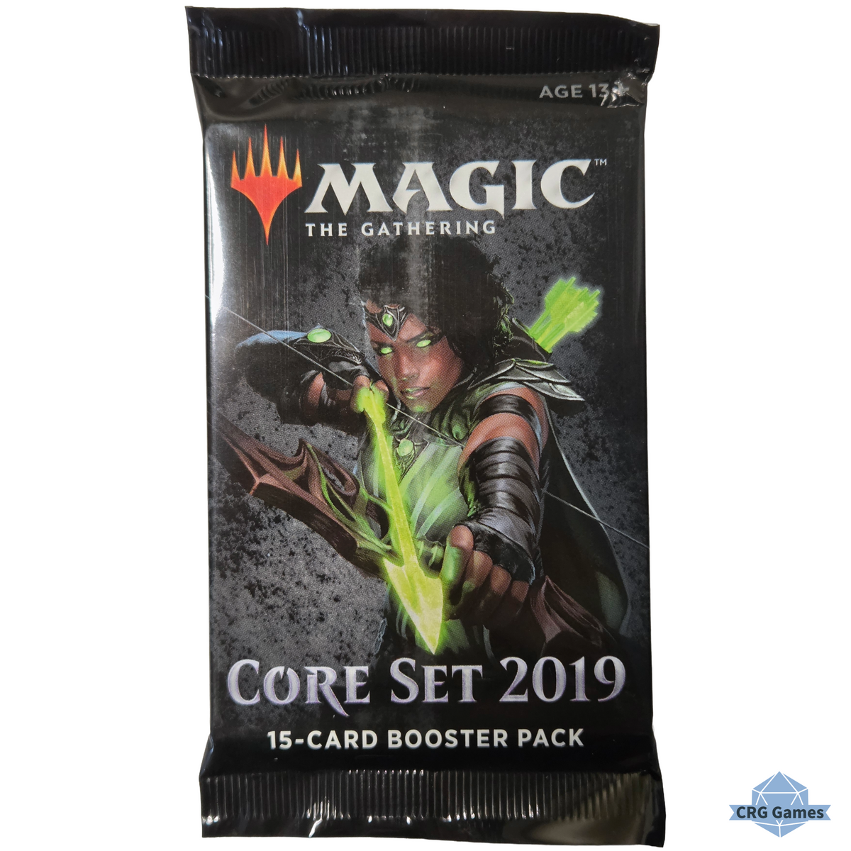 Magic: The Gathering Core Set 2019 15-card booster pack, featuring artwork of an archer. The black packaging displays the Magic logo and the text 'Core Set 2019' and '15-Card Booster Pack'.