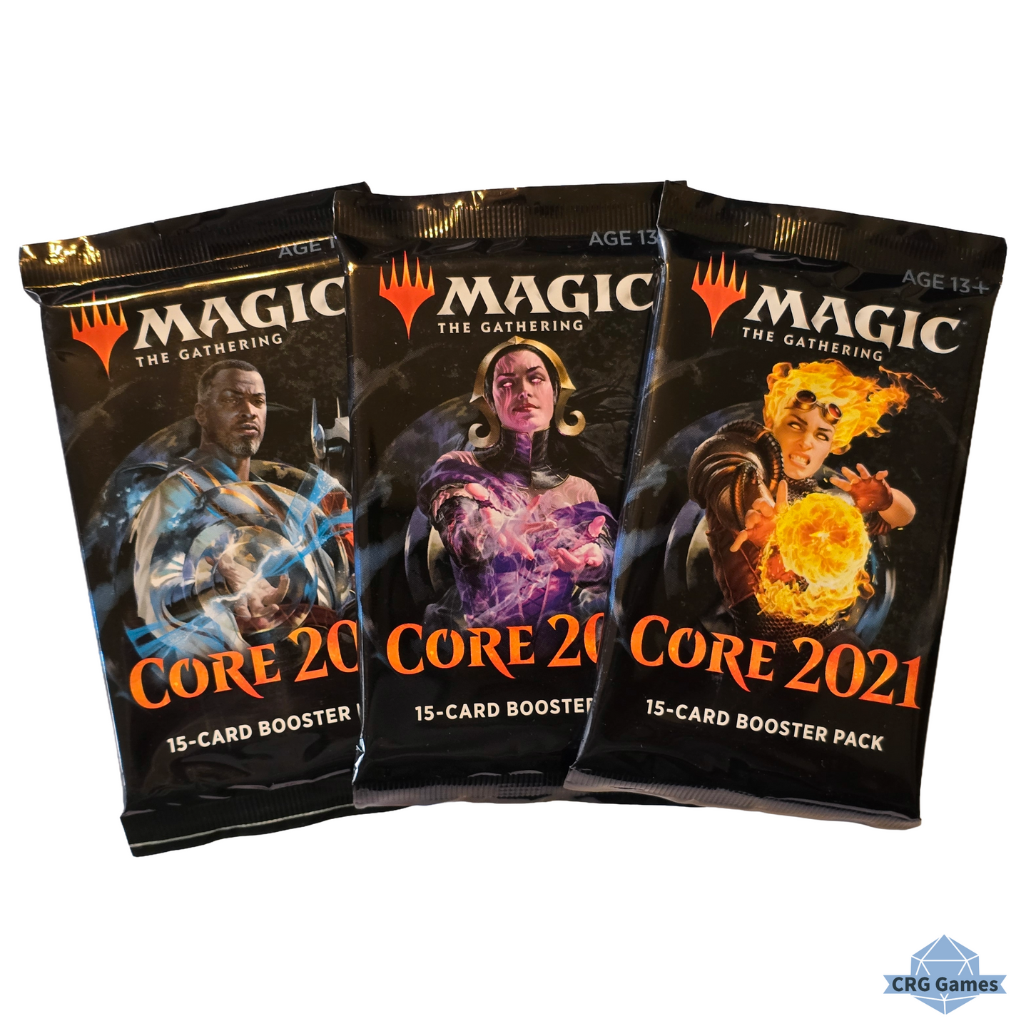 Three 'Magic: The Gathering' Core 2021 booster packs on a white background