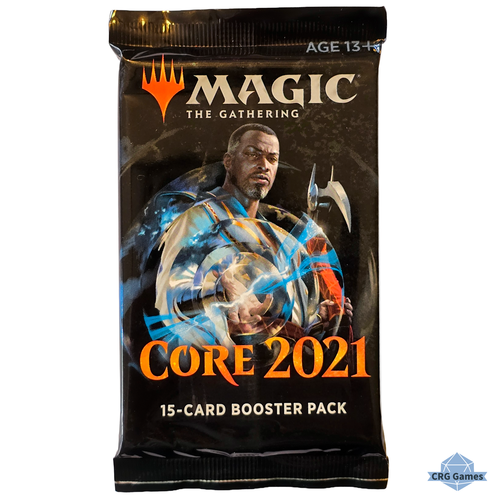 MAGIC THE GATHERING Core 2021 booster pack with a character holding a sword on a black background.
