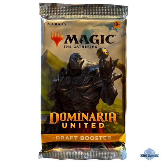 MAGIC: THE GATHERING Dominaria United draft booster pack with a character holding a sphere on a white background.