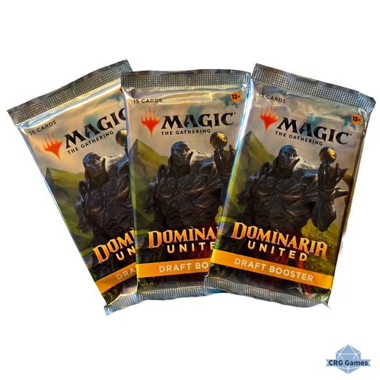 Three 'Magic: The Gathering' Dominaria United draft booster packs on a white background
