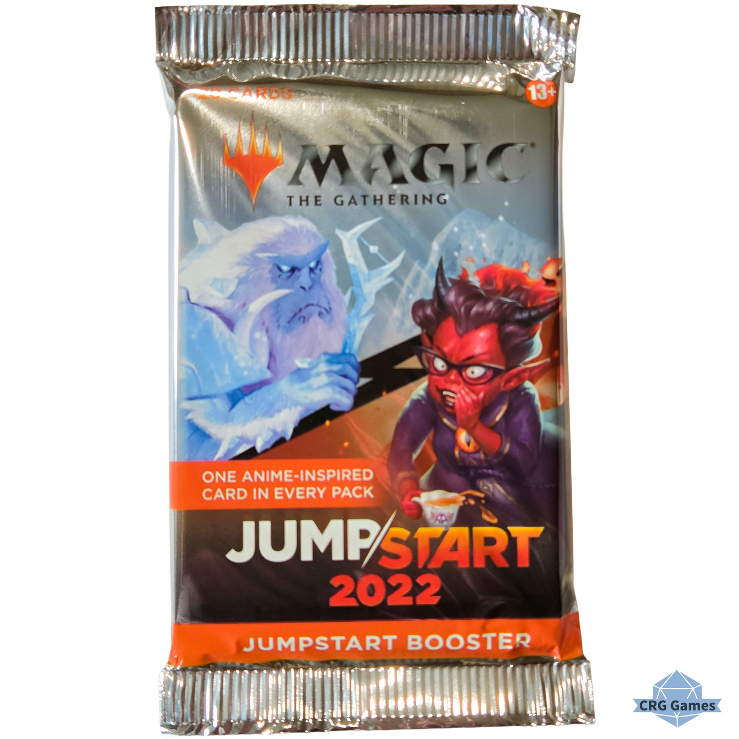 A sealed Magic: The Gathering Jumpstart 2022 booster pack on a plain white background. The pack artwork shows a blue icy figure on the left and a red demon-like character on the right, with large Jumpstart 2022 text near the bottom.