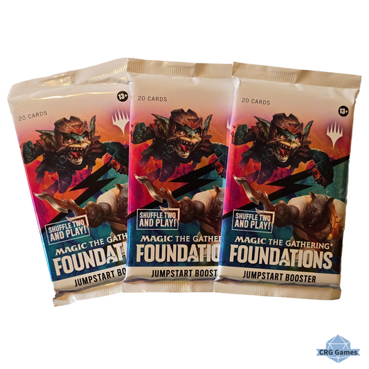 Three 'Magic the Gathering Foundations' Jumpstart Booster packs on a white background