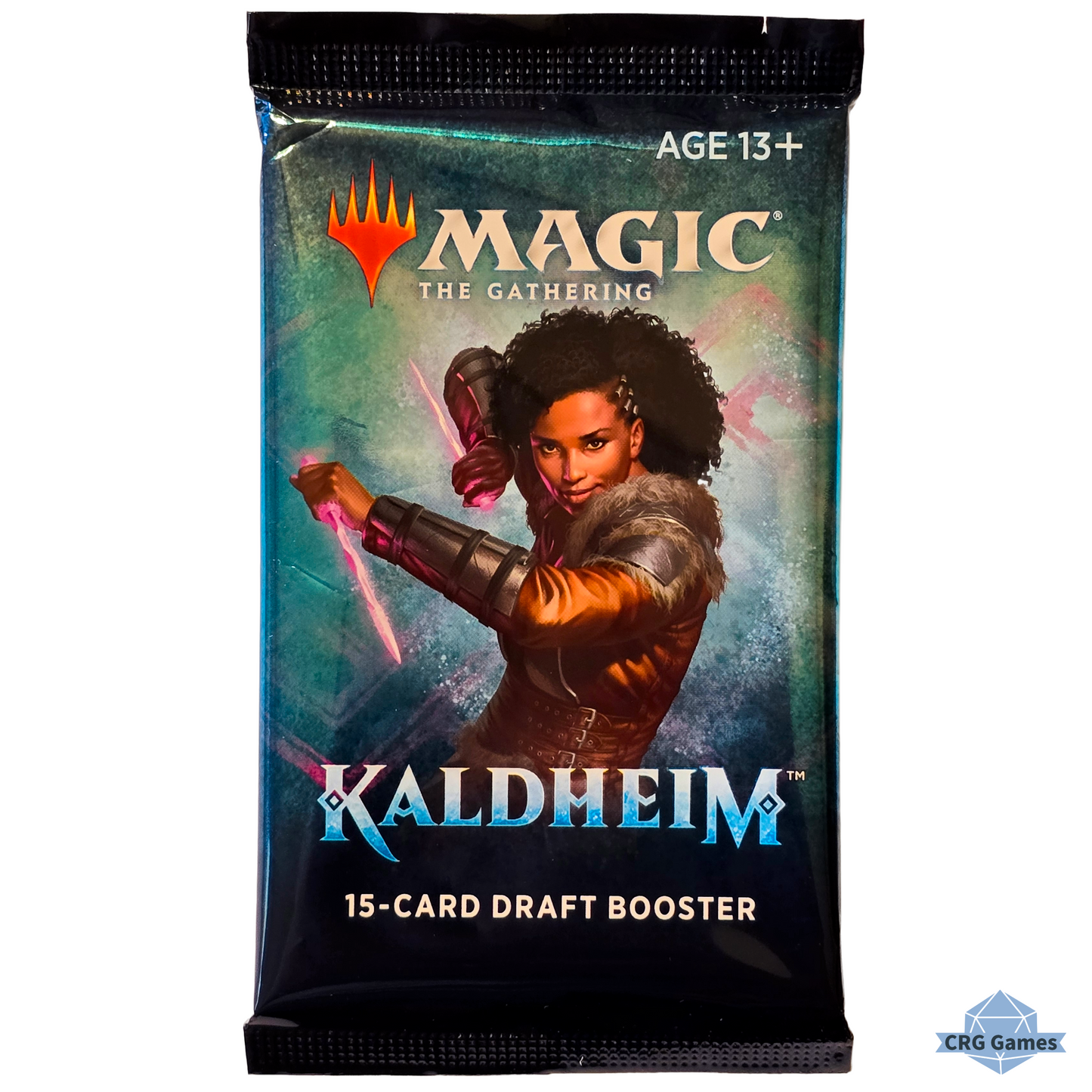 MAGIC: THE GATHERING Kaldheim booster pack with a character holding a sword on a white background