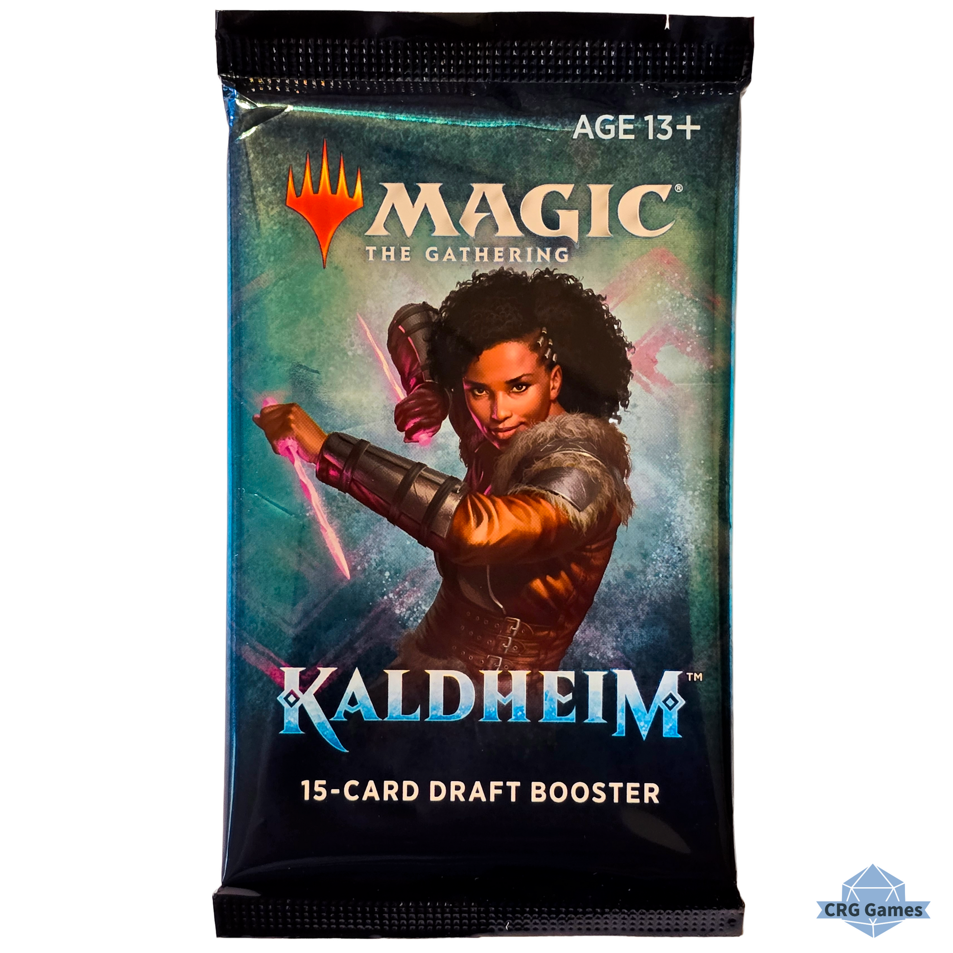 MAGIC: THE GATHERING Kaldheim booster pack with a character holding a sword on a white background