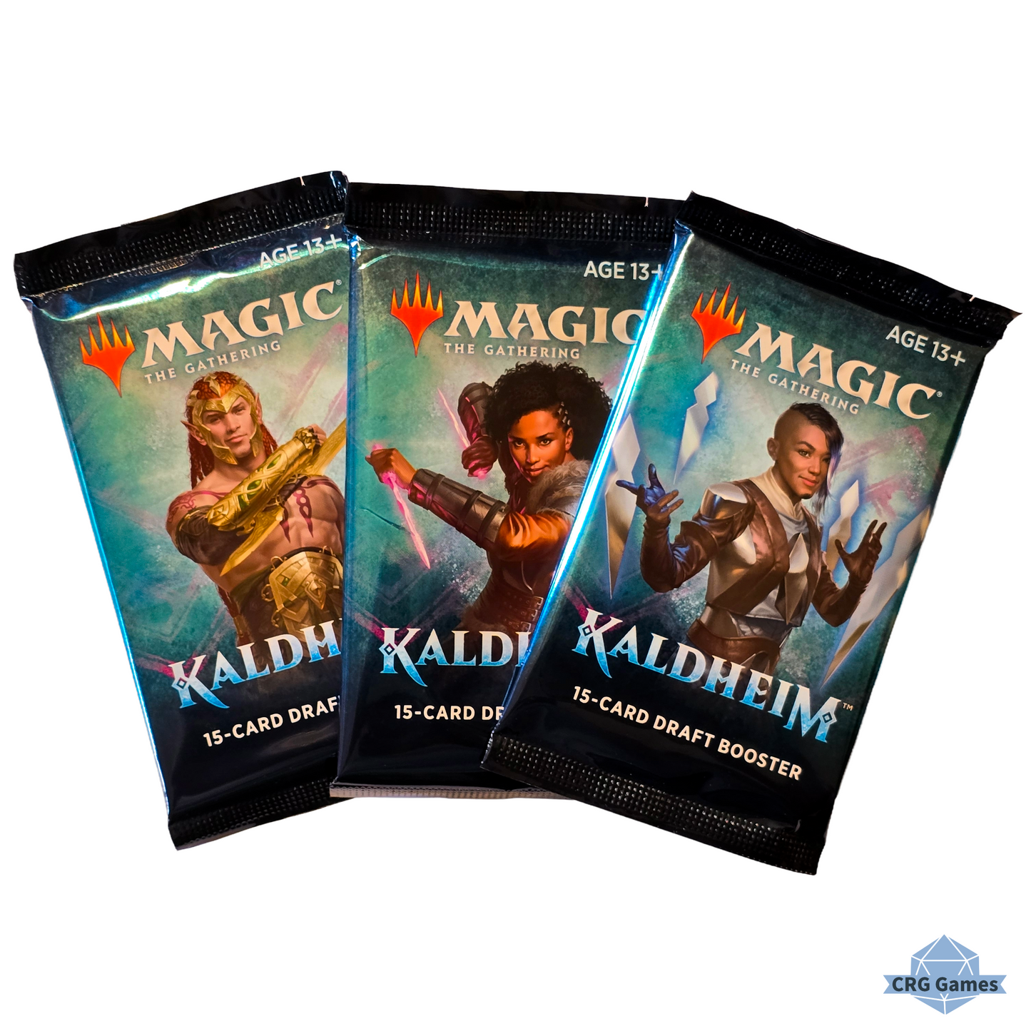 Three 'Magic: The Gathering' Kaldheim booster packs on a white background