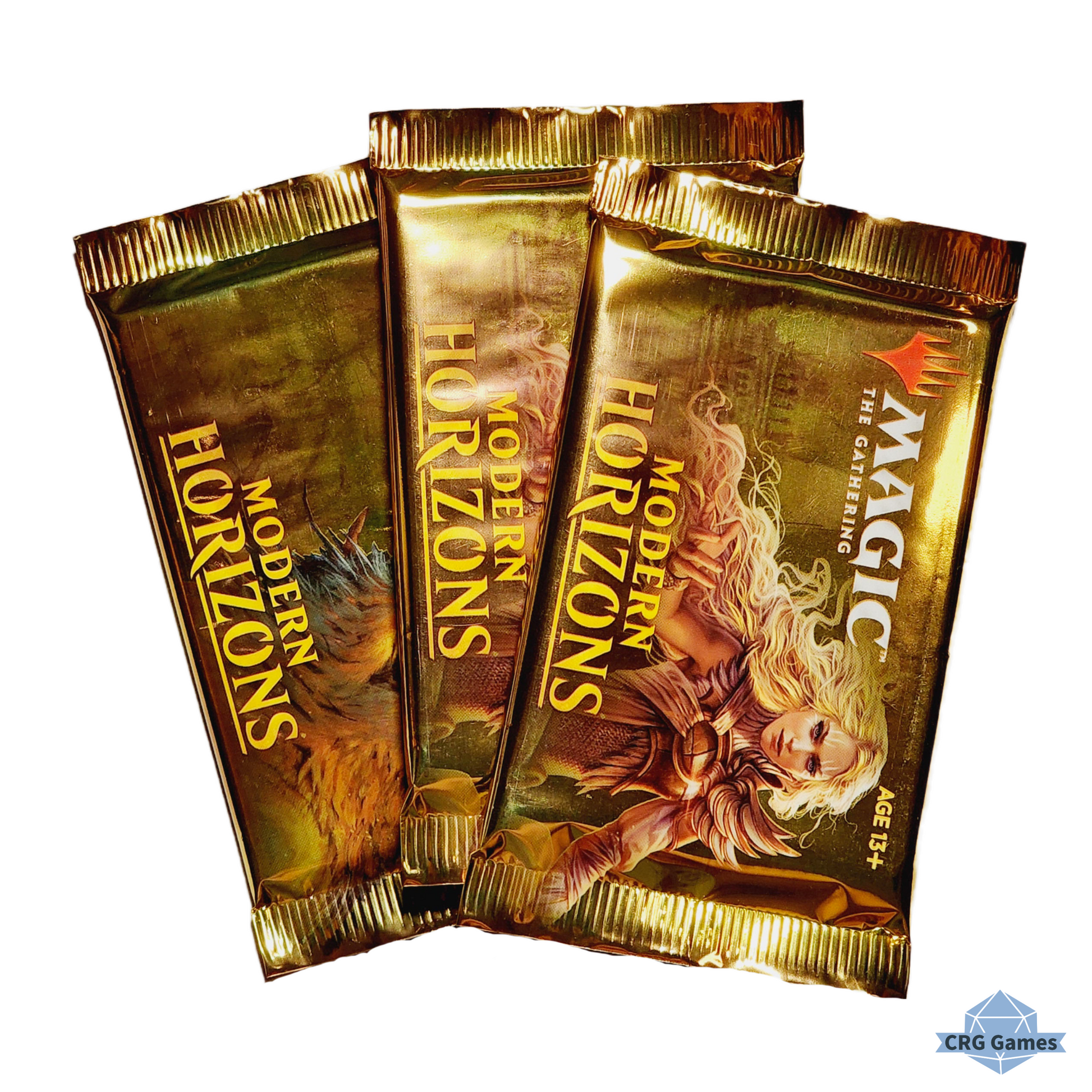 Three 'Modern Horizons' trading card game packs on a white background