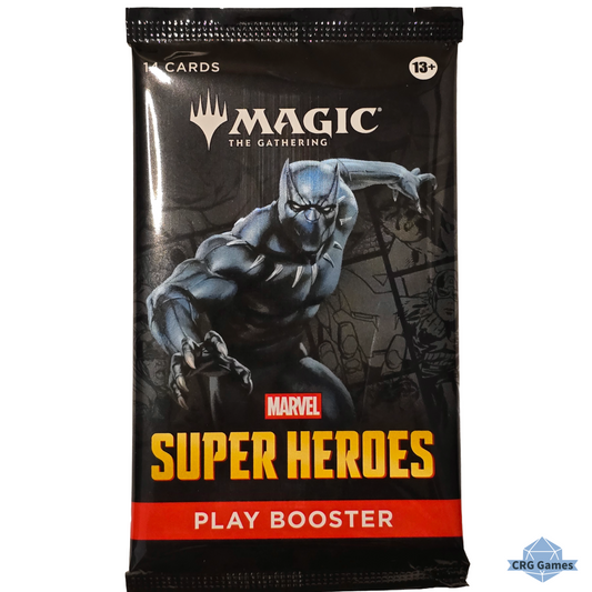Magic: The Gathering Marvel Super Heroes play booster pack featuring Black Panther artwork on a black background with yellow and red text.