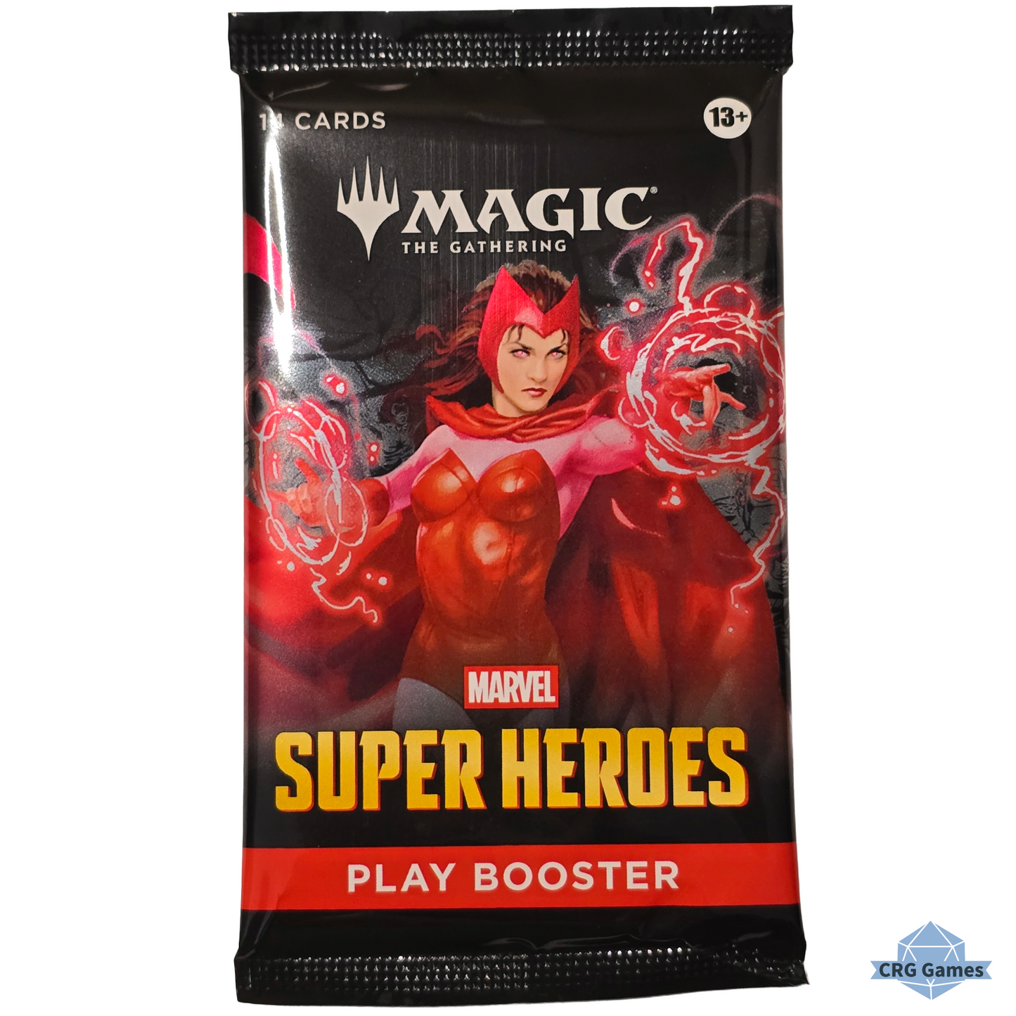 A Magic: The Gathering trading card booster pack for Marvel's Super Heroes, featuring Scarlet Witch artwork on a black background with red and yellow text.