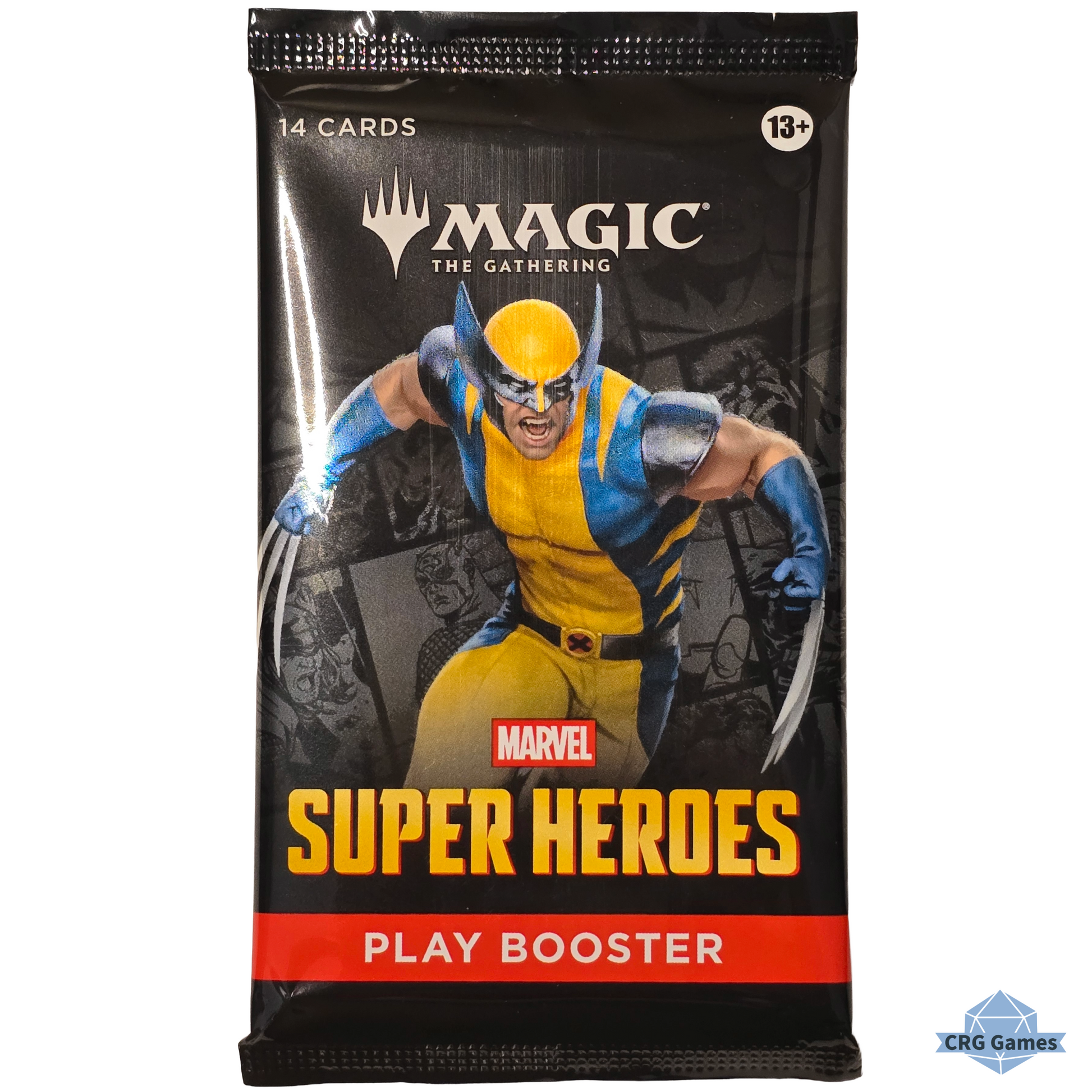 A sealed Magic: The Gathering trading card booster pack featuring Wolverine on the front. The pack is labeled 'Marvel Super Heroes Play Booster' and shows a black background with yellow, blue, and red printed artwork.