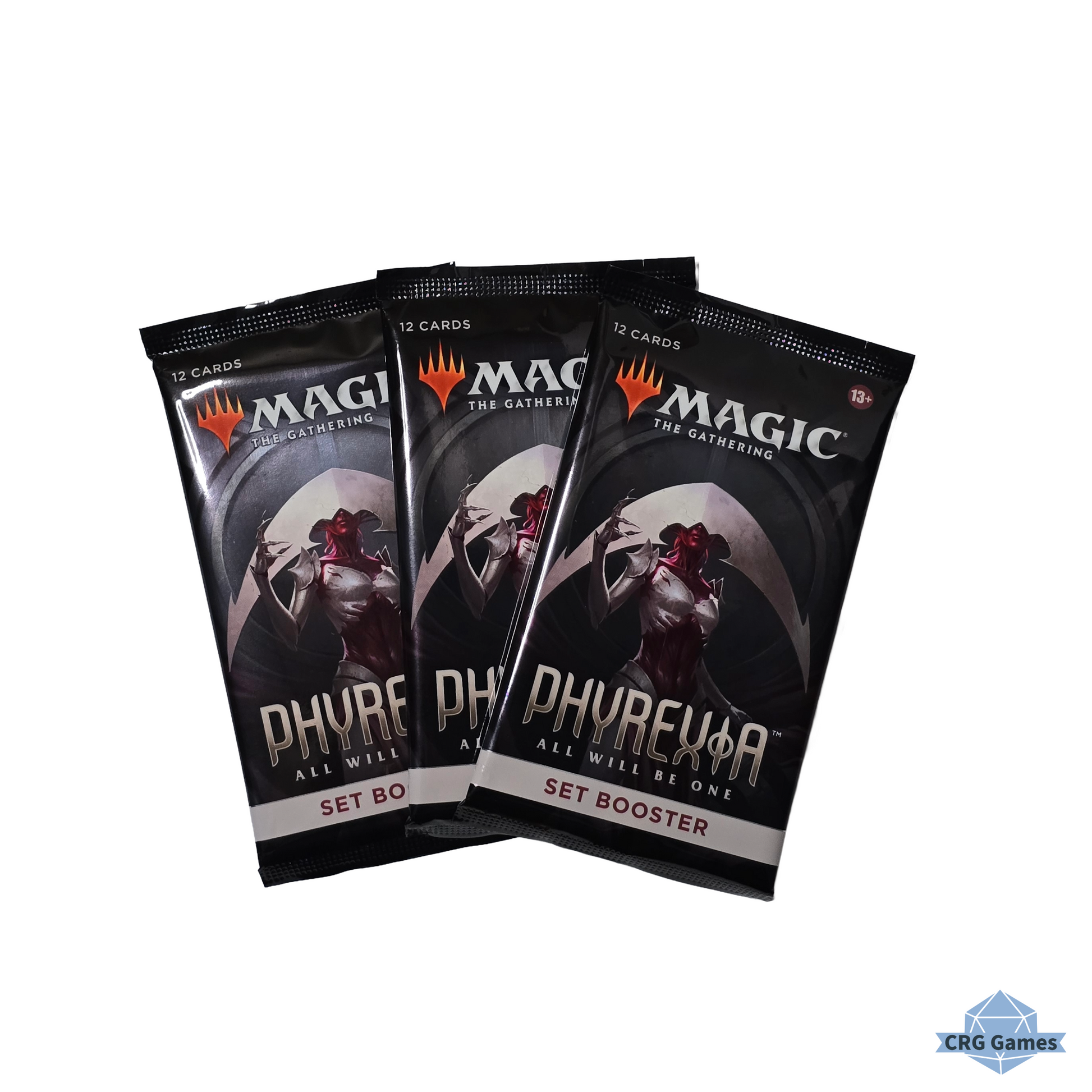Magic: The Gathering Phyrexia set booster packs on a white background