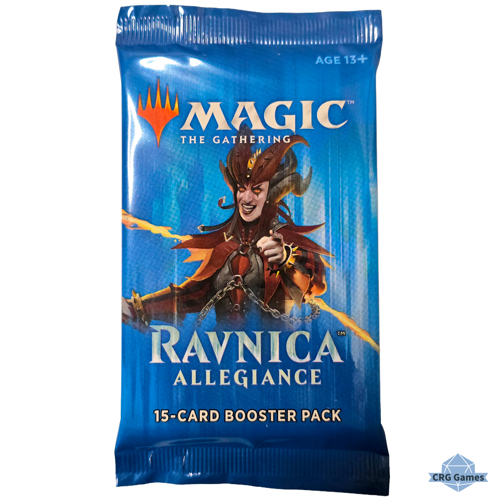 Blue booster pack of 'Magic: The Gathering' featuring a character from 'Ravnica Allegiance'.
