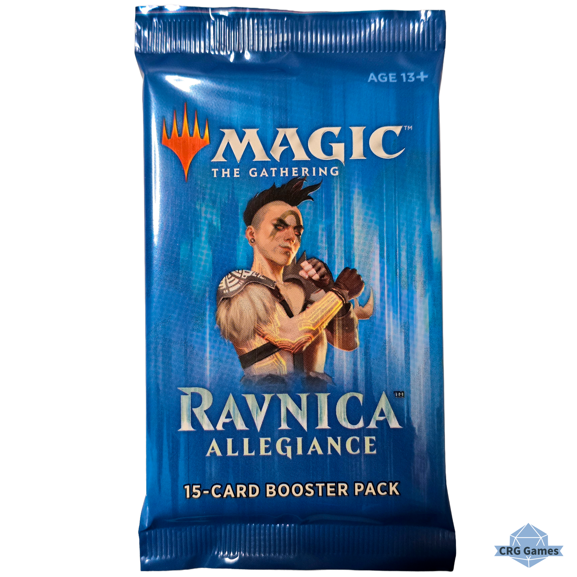 Blue booster pack of 'Magic: The Gathering' featuring a character from 'Ravnica Allegiance' on a white background.