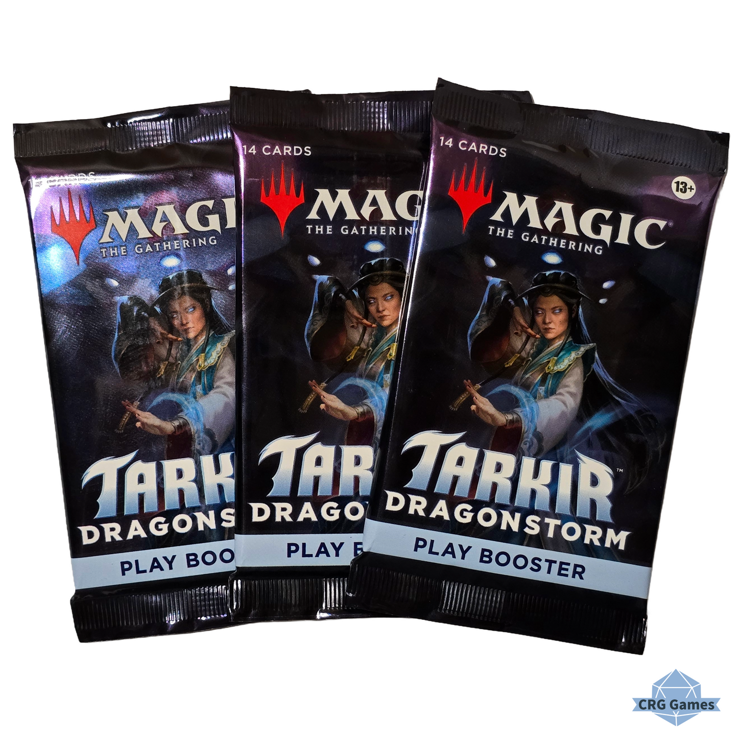 Three 'Magic: The Gathering' Tarkir Dragonstorm booster packs on a white background