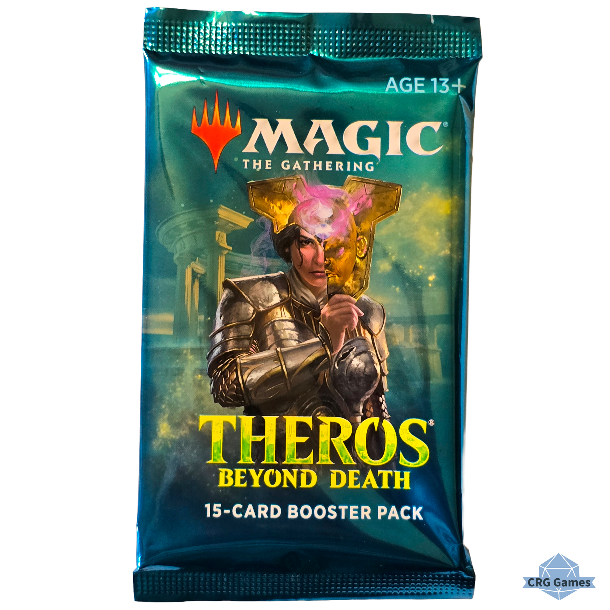 MAGIC: THE GATHERING Theros Beyond Death booster pack with character in armor on a blue background