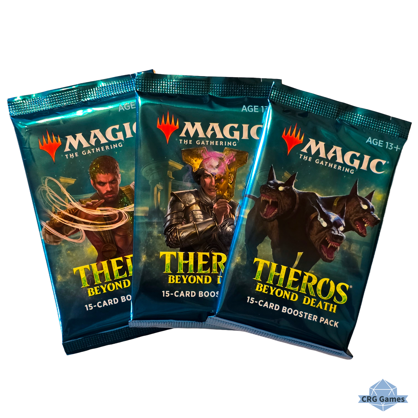 Three 'Magic: The Gathering' Theros Beyond Death booster packs on a white background