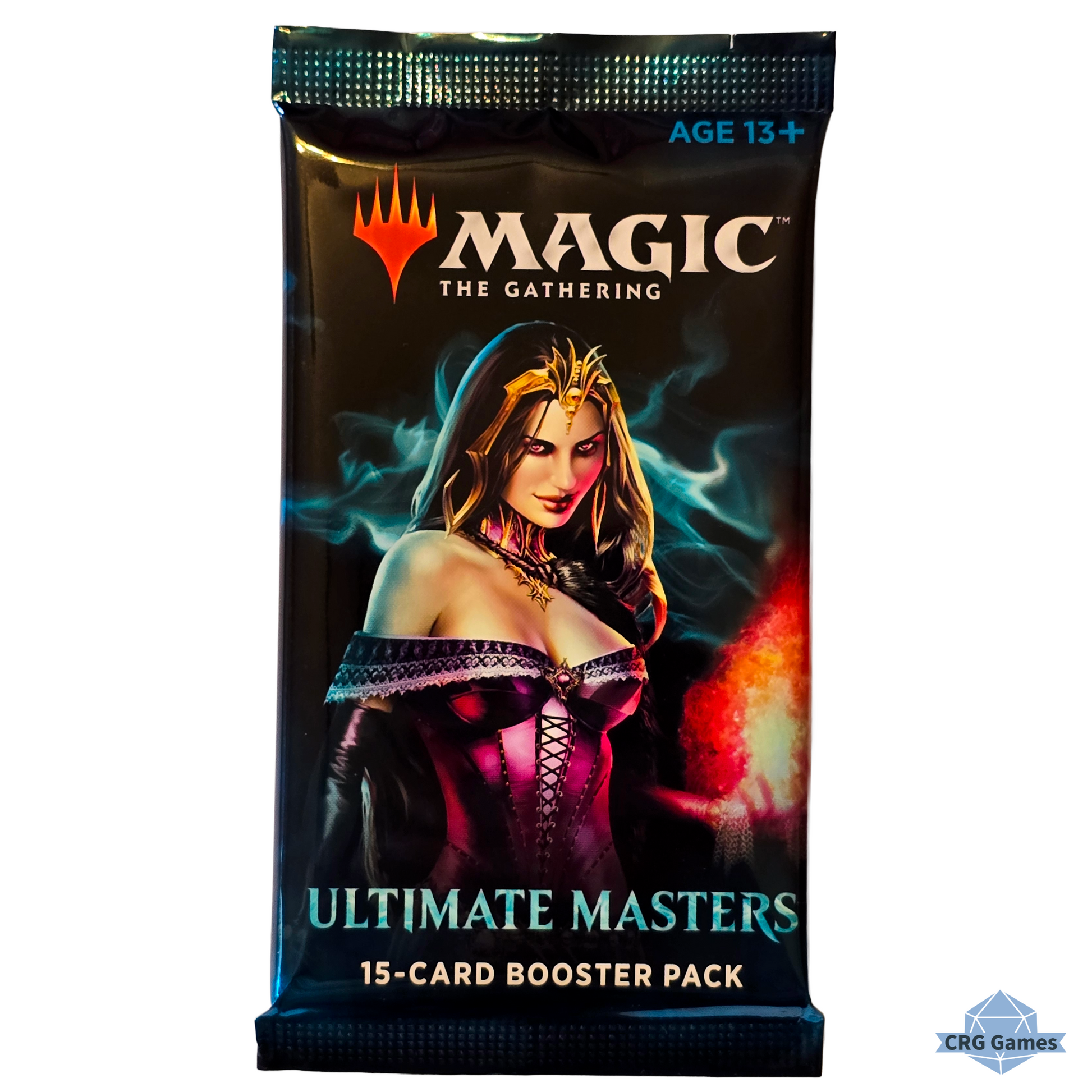 Magic: The Gathering Ultimate Masters booster pack with a character illustration on a black background