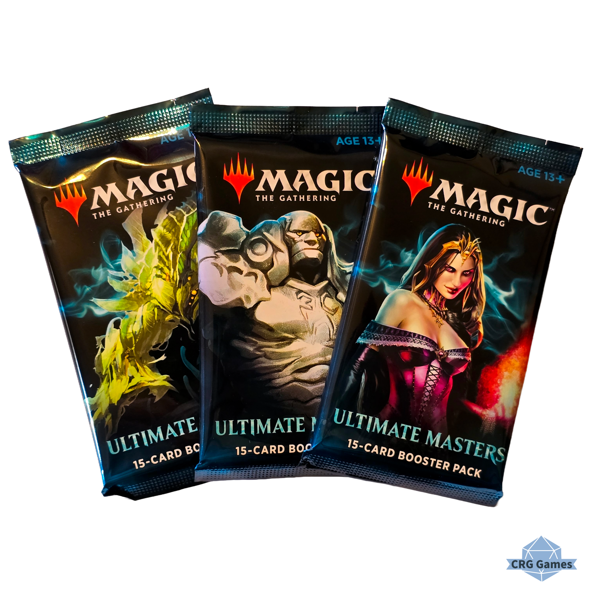 Three 'Magic: The Gathering' Ultimate Masters booster packs on a white background